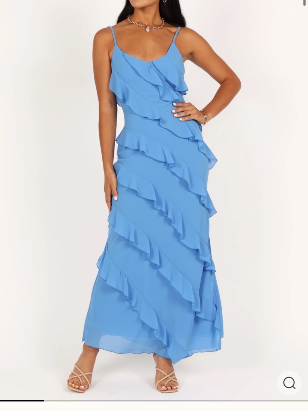 MABLE Blue Ruffle Wedding Guest Dress